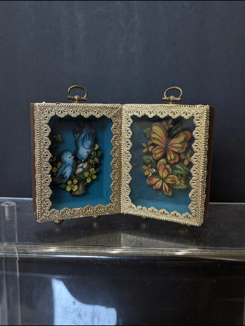 Vintage-Style Gold Framed Blue Double Panel Decorative Accent
